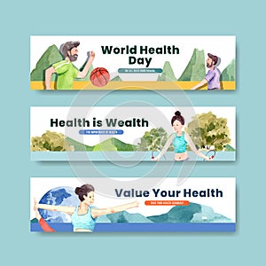 Banner template with world mental health day concept design for advertise and leaflet watercolor vector