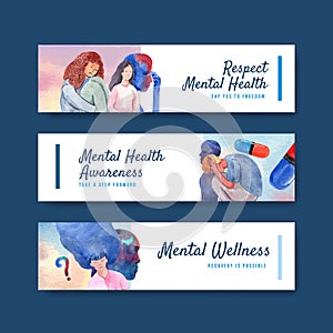 Banner template with world mental health day concept design for advertise and marketing watercolor vector illustraion