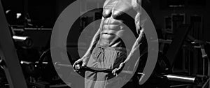 Banner templates with muscular man, muscular torso, six pack abs muscle. Sport man doing biceps lifting barbell