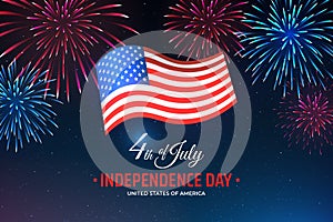 Banner 4th of july usa independence day, template with american flag on starry sky background and colorful fireworks. Fourth