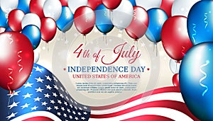 Banner 4th of july usa independence day, vector template with american flag and colored balloons on blue shining starry background