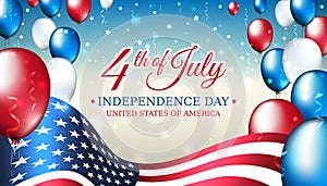 Banner 4th of july usa independence day, vector template with american flag and colored balloons on blue shining starry background