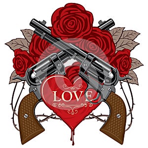 Banner on the theme of love and death with pistols