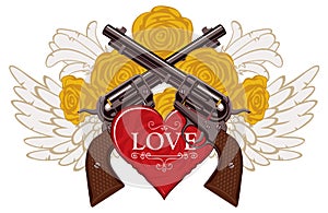 Banner on the theme of love and death with pistols