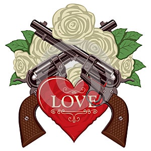 Banner on the theme of love and death with pistols