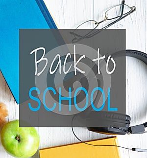 Banner on the theme of the school. Welcome back to school. Themed banner with educational supplies and books