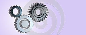 Banner three cogwheel 3D on blue background, metal gear with copy space