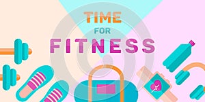 Banner of time for fitness: personal coach, sport and diet. Vector in flat style