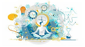 Banner of time management with clock, gears, calendar and doodle of businessman in yoga pose meditating. Modern landing