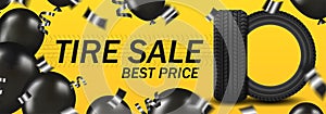 Banner tire sale with car tire and black balloons and confetti