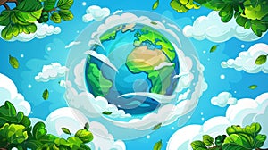 Banner to protect the planet with a globe of Earth, clouds, and green leaves. Landing page for Ecology Project to