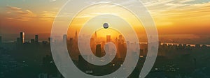 Banner of total solar eclipse over urban skyline at sunset with silhouette of city skyscrapers