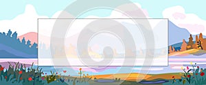 Banner and tourism advertising. Background with a landscape near a mountain lake. River bank at dawn. Camping site