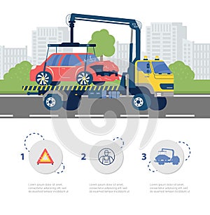 Banner about towing truck flat style, vector illustration