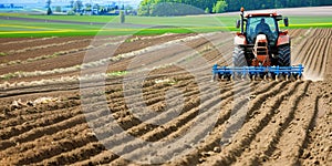 A banner with a tractor plowing a field in spring. Agricultural work