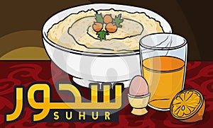 Traditional Ramadan Suhur Breakfast with Hummus, Egg and Orange Juice, Vector Illustration photo