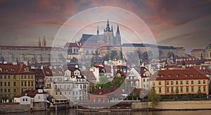 Banner travel in Prague Castle  view with sunset sky scene in  in spring season  tone mood at Czech Republic