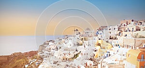 Banner travel in Santorini, Greece. Picture square view of sunset sky scene traditional cycladic Santorini houses blue background