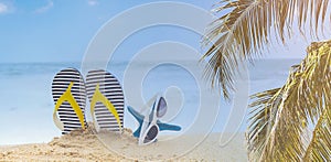 Banner of  travel in summer Tropical beach with starfish and flip flop-sunglasses as  sand beach scene and  plam trees background