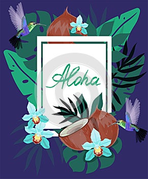 Banner with tropical flowers, palm leaves, hummingbirds, monstera, orchid, coconut, jungle leaves composition. Summer vector