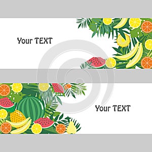 Banner with tropical fruits and leaves. Design for advertising materials, labels, packaging, menus