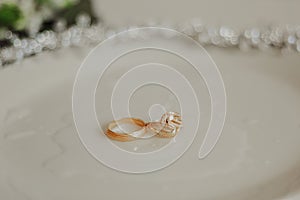 Banner of two gold wedding rings upright, symbolizing love and romance, on a textured white sequin background with copy