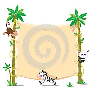 Banner on two palm tree with small funny animals