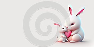 Banner with two white rabbits with red heart, mother hare and little bunny on white background. Generative AI