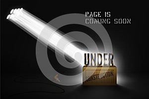Banner Under construction on wood box in spotlights on black background. Website coming soon poster