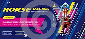 Banner. Universal template for a web site with text, buttons. Jockey on horse. Horse racing. Hippodrome. Racetrack. Jump