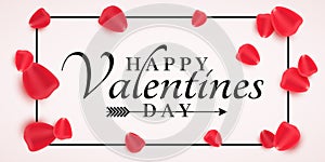Banner for Valentine`s Day. Scattered red rose petals with stylish lettering. Romantic festive design. Vector illustration