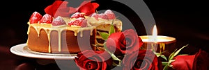Banner. Valentines Delight. Sumptuous Strawberry Cake with Red Roses, Perfect Treat for Romance