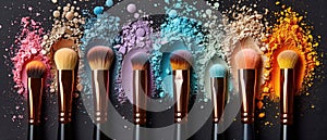 Banner with variety of makeup brushes on a black surface with scattered colorful powdered eyeshadow, perfect for use in