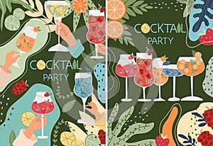 Banner with various cocktails. The collection includes classic alcoholic and non-alcoholic drinks in a variety of