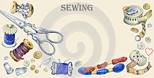 Banner of various hand drawn vintage objects for sewing, handicraft and handmade.