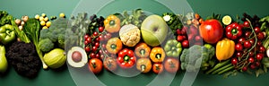 Banner from various vegetables on blue background, top view, creative flat layout