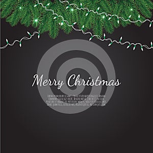 Banner with vector christmas tree branches and space for text. Realistic fir-tree border, frame isolated on white.