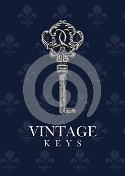 Banner with vintage key and fleur de lis pattern