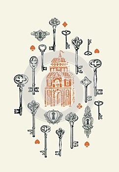 Banner with vintage keys, keyholes and old building