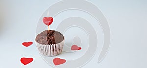 Banner Vintage, red hearts and cupcake, concept of love and bakery