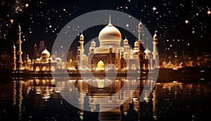 banner in warm golden tones with a mosque at night on the background of the sky with stars