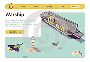 Banner with Warship and Landing Military Jets