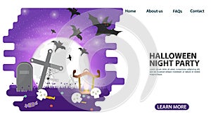 Banner for web page design and mobile applications on the theme of all saints eve Halloween moon in the cemetery with bats flat