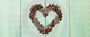 banner for website, coffee beans on brown matter, the heart of the coffee beans, background