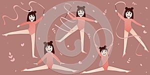 Banner for website with liitle cute gymnasts and ballerinas, healthy lifestyle and sport activities for school girls