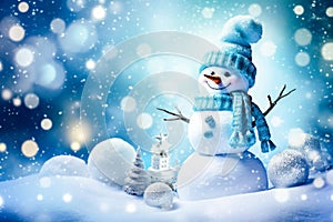 Banner with white snowman closeup on blue background, top view. Merry Christmas and Happy New Year holiday concept