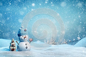 Banner with white snowman closeup on blue background, top view. Merry Christmas and Happy New Year holiday concept