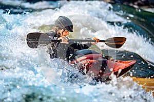 Banner whitewater kayaking, extreme sport rafting. Guy in kayak sails mountain river