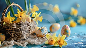 Banner with a wicker basket with Easter eggs and yellow daffodil flowers on a congratulatory blue background with copy space.