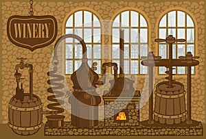 Banner for winery with old winemaking equipment